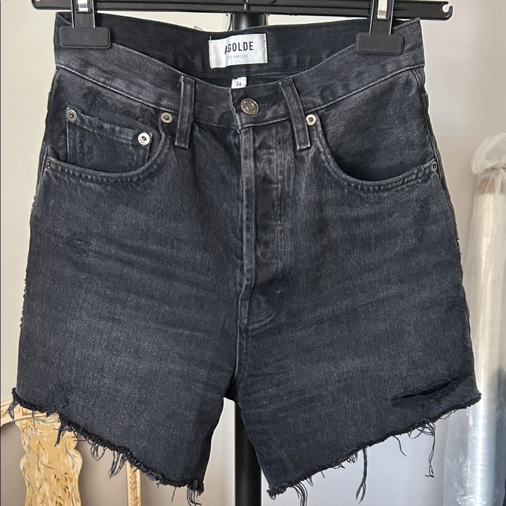 Agolde Black Frayed Hem Jean Shorts